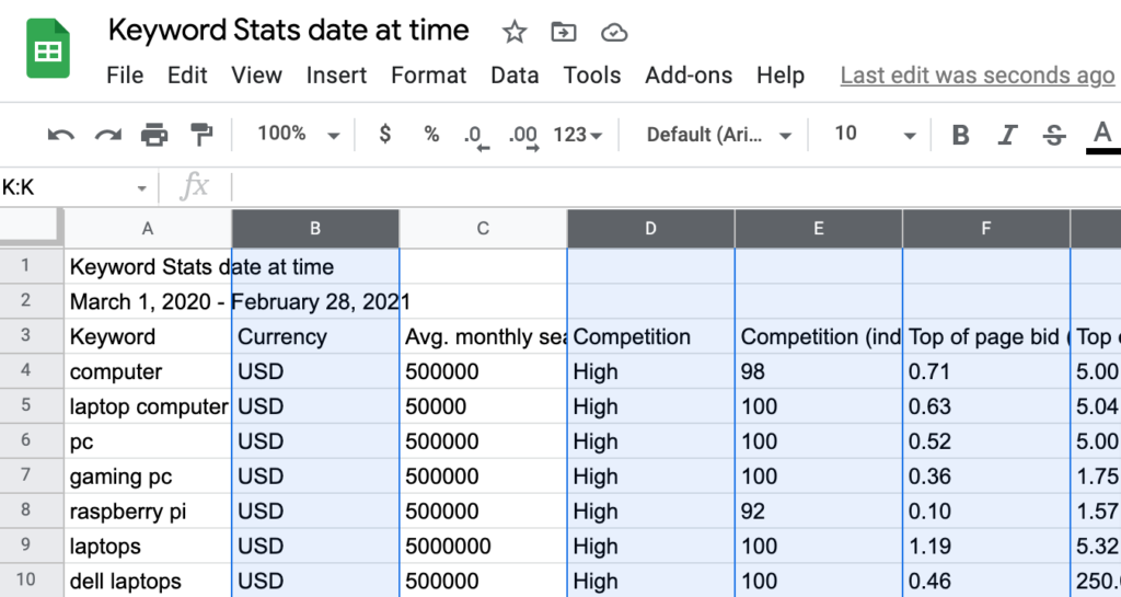 Screenshot of Google's Keyword Planner download ideas selecting unnecessary columns