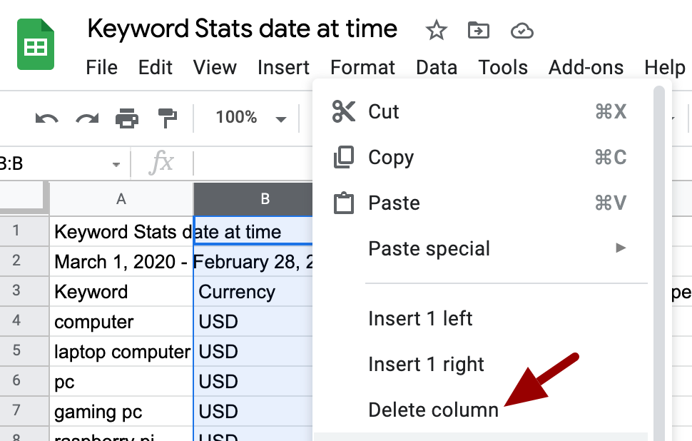 Screenshot of Google's Keyword Planner download ideas selecting unnecessary columns